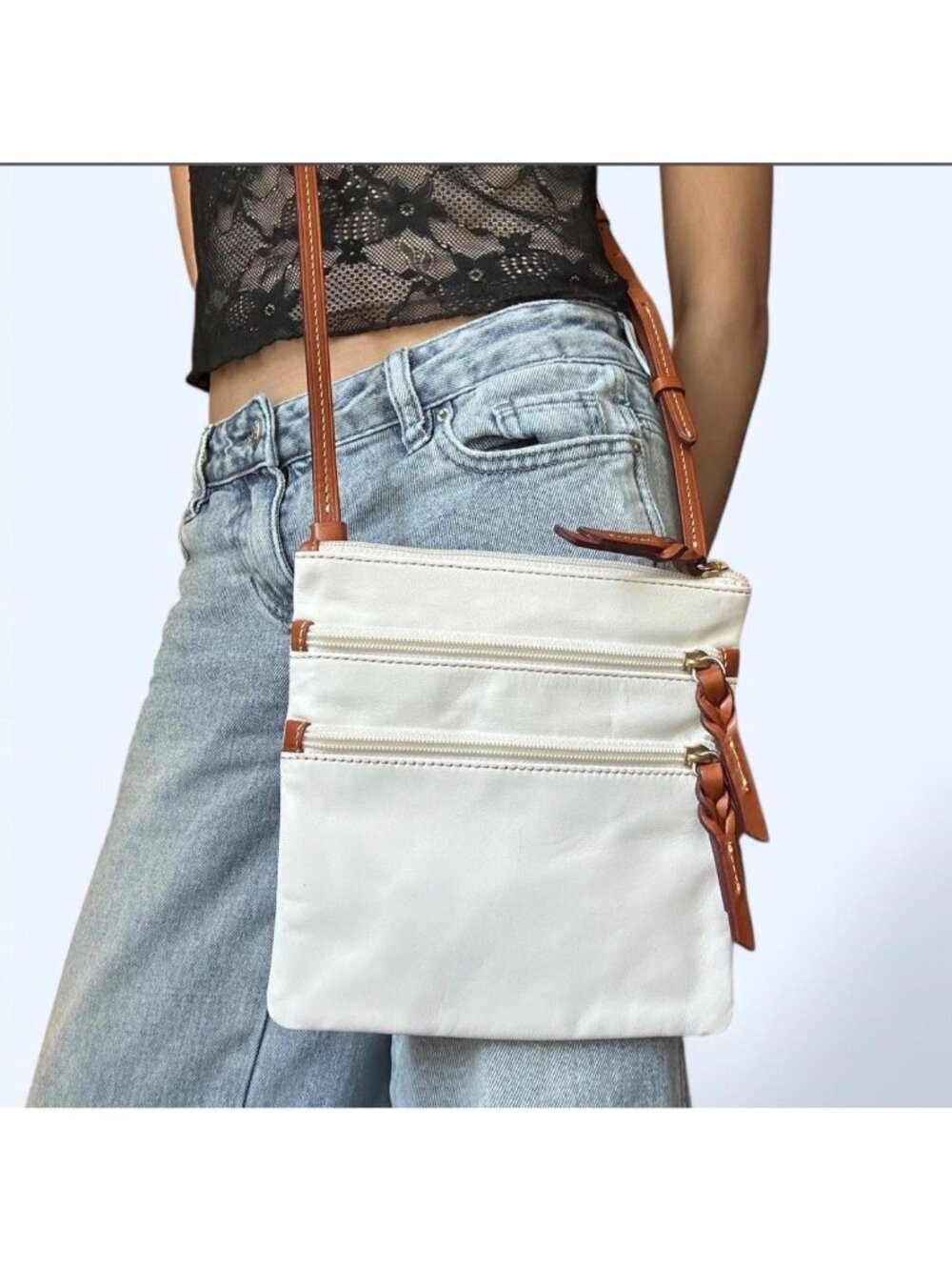 White Crossbody Bag With Braided Leather Straps & Red Interior -Adjustable Strap